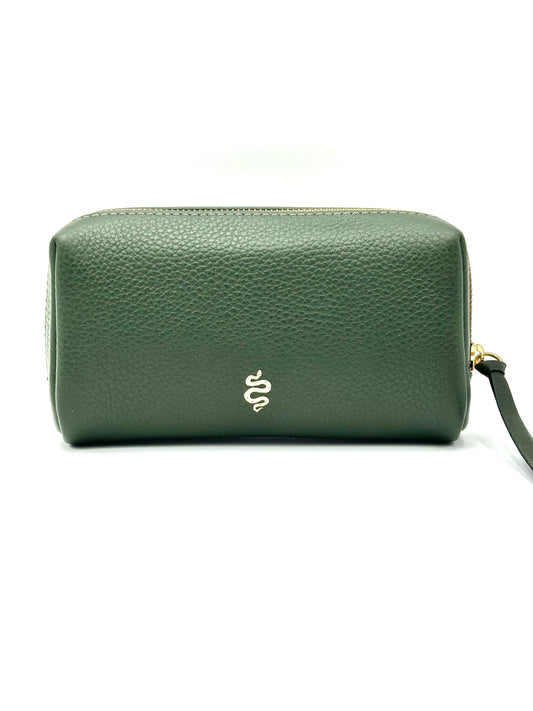 Small Makeup Bag in Holly Green with a Lichen Interior