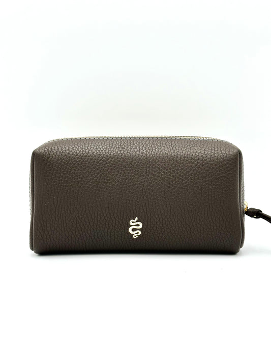 Small Makeup Bag in Espresso with a Sky Blue Interior