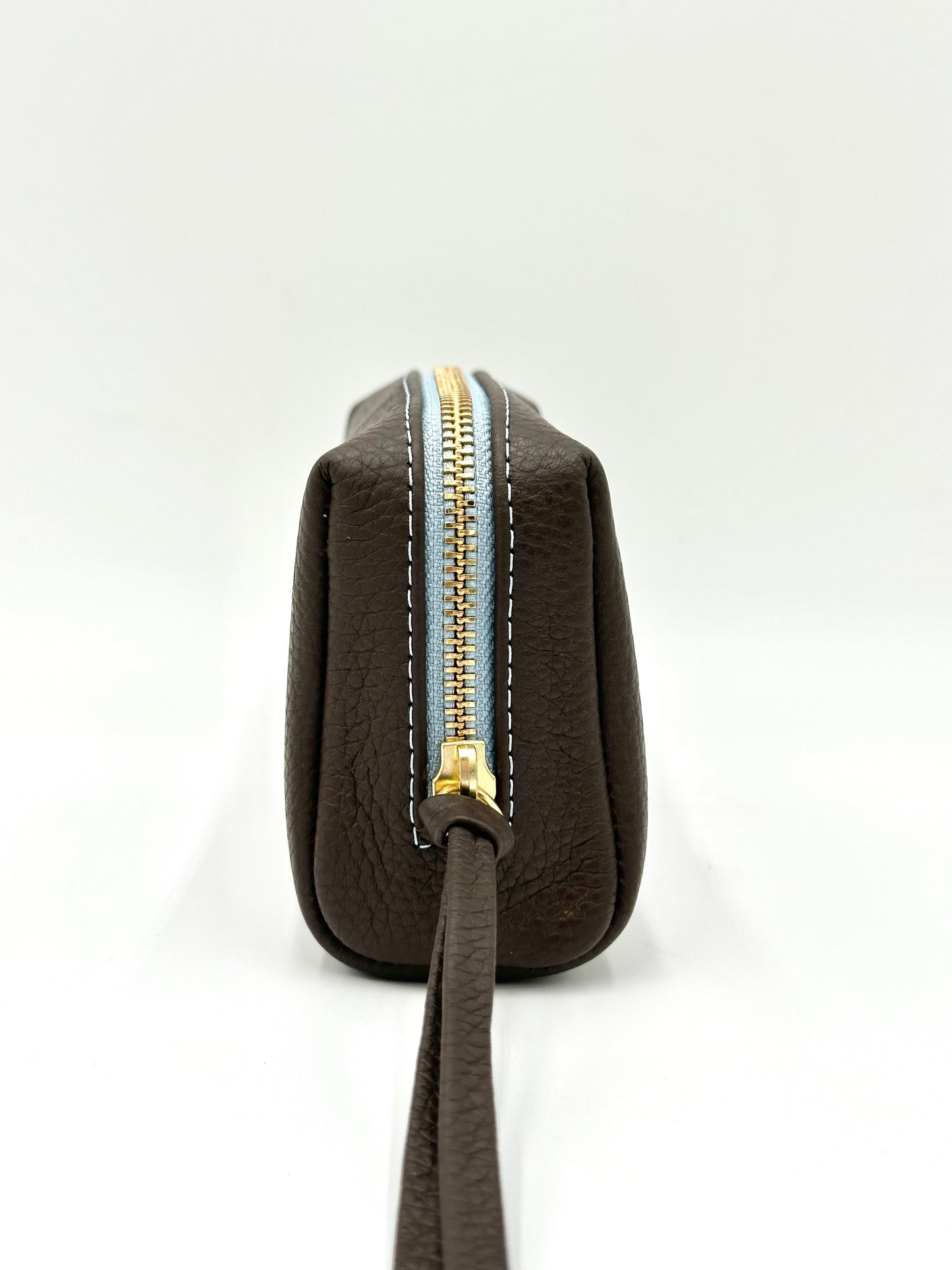 Small Makeup Bag in Espresso with a Sky Blue Interior