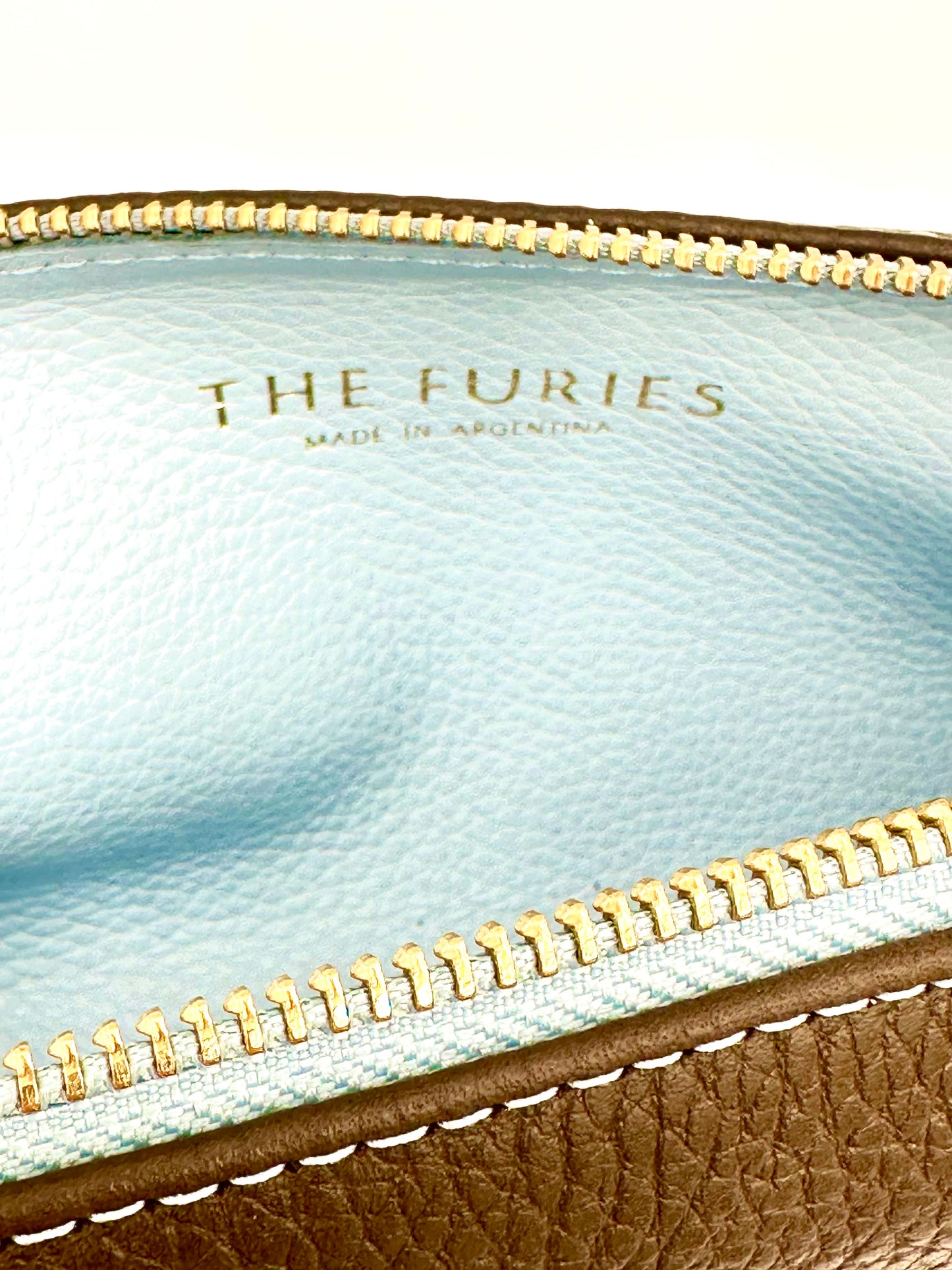 Small Makeup Bag in Espresso with a Sky Blue Interior