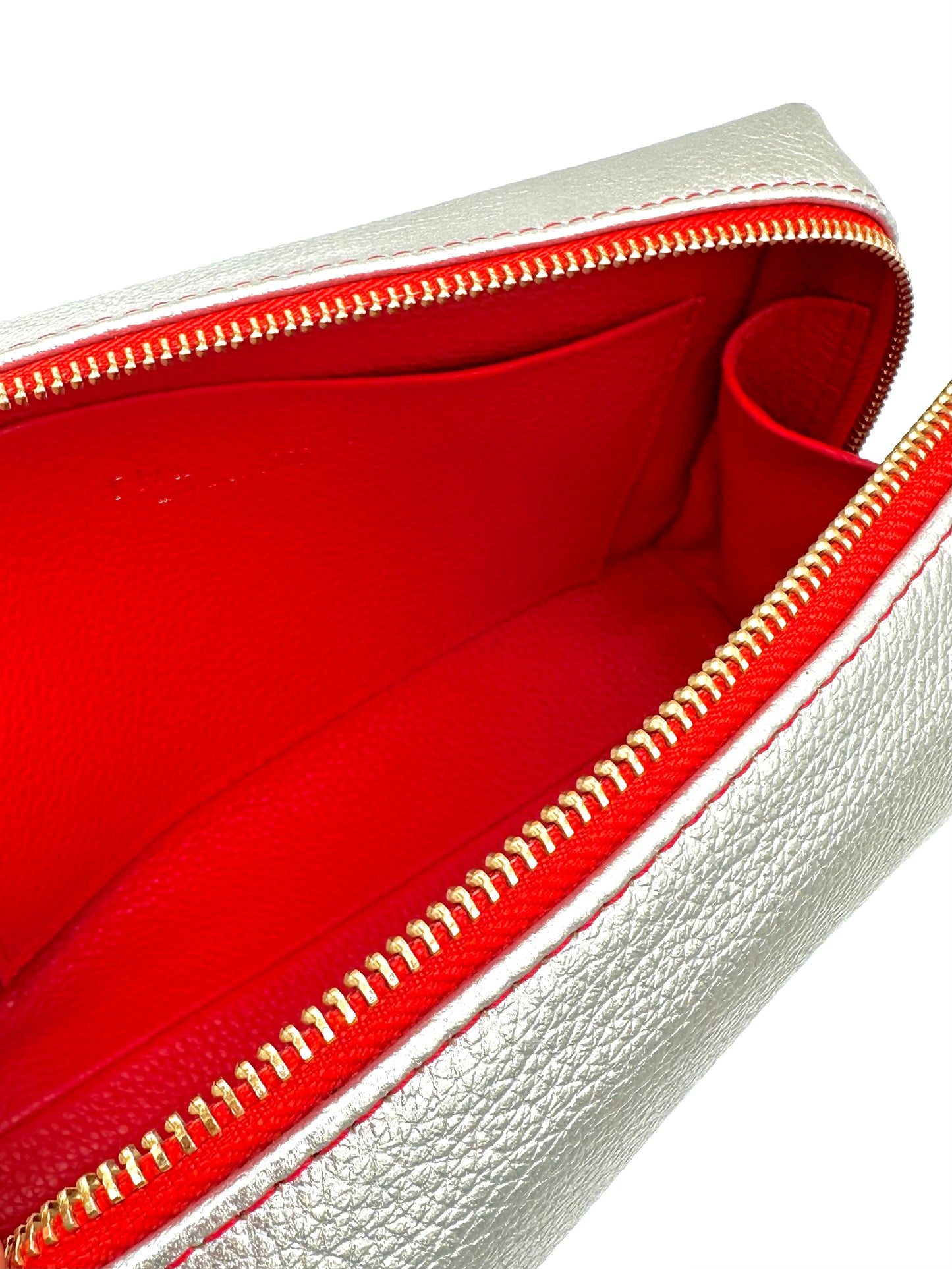 Large Accessories Bag in Silver with a Lipstick Red Interior