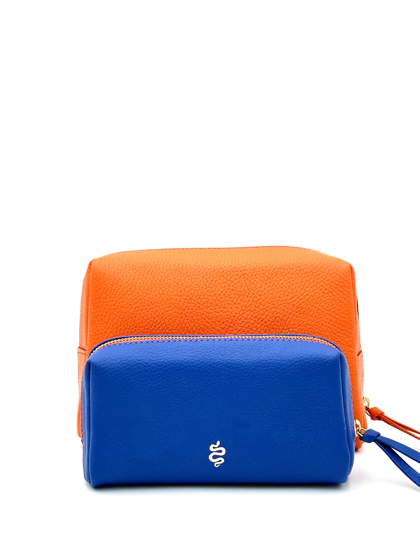 Small Makeup Bag in Sapphire with a Bright Orange Interior