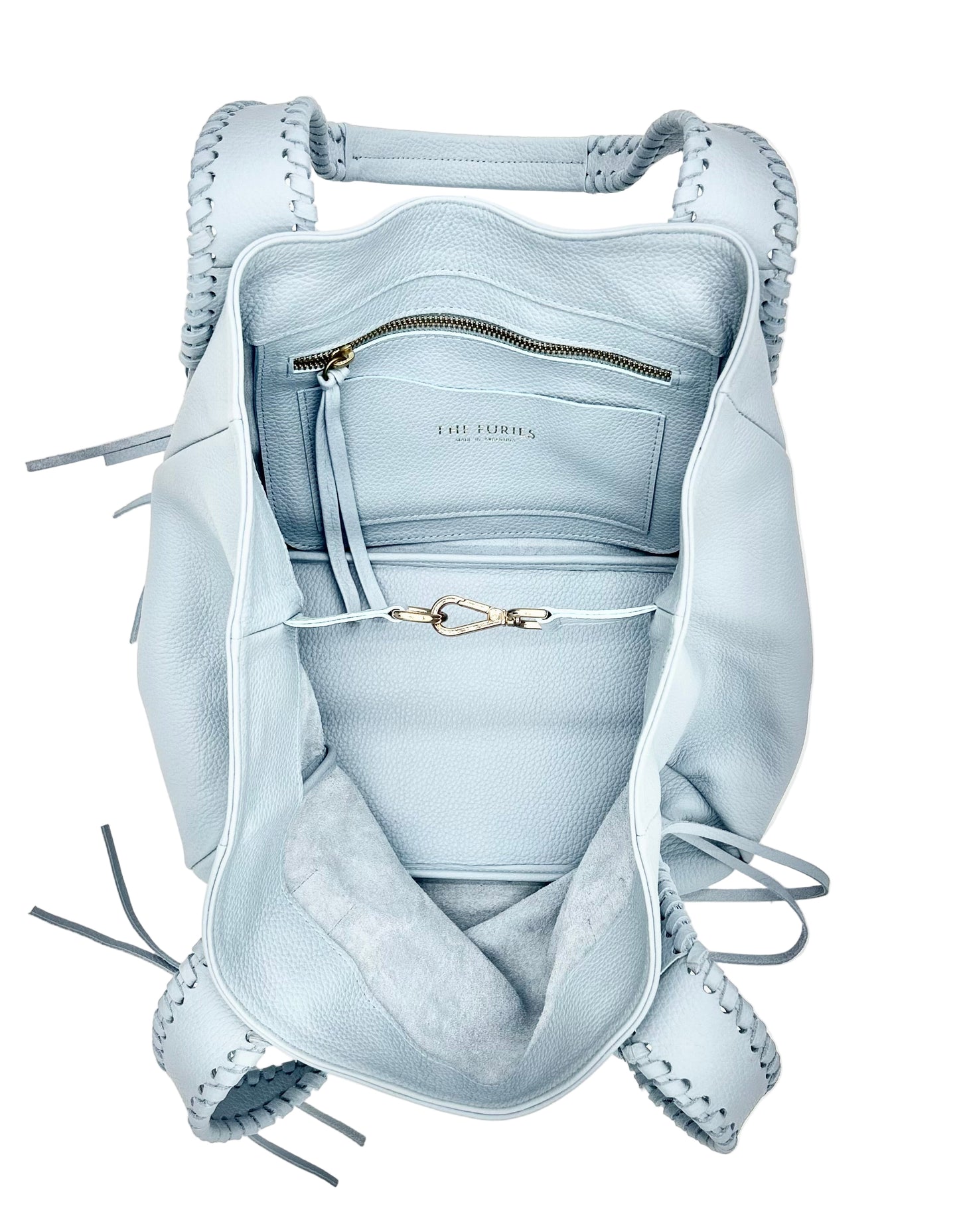 Light blue handbag with whipstitch detail and fringe with interior pocket and card holder with gold hardware