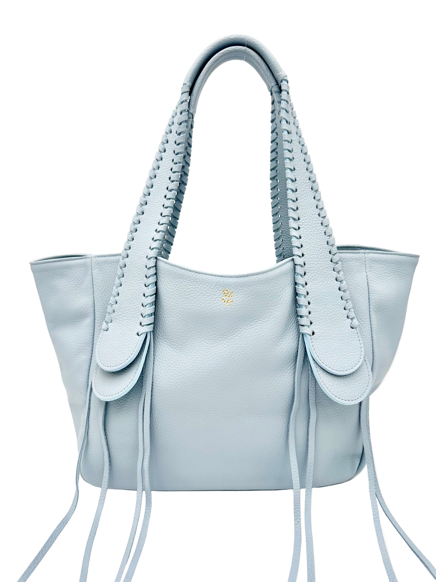 Light blue handbag with braided handles and fringe detail with a snake logo