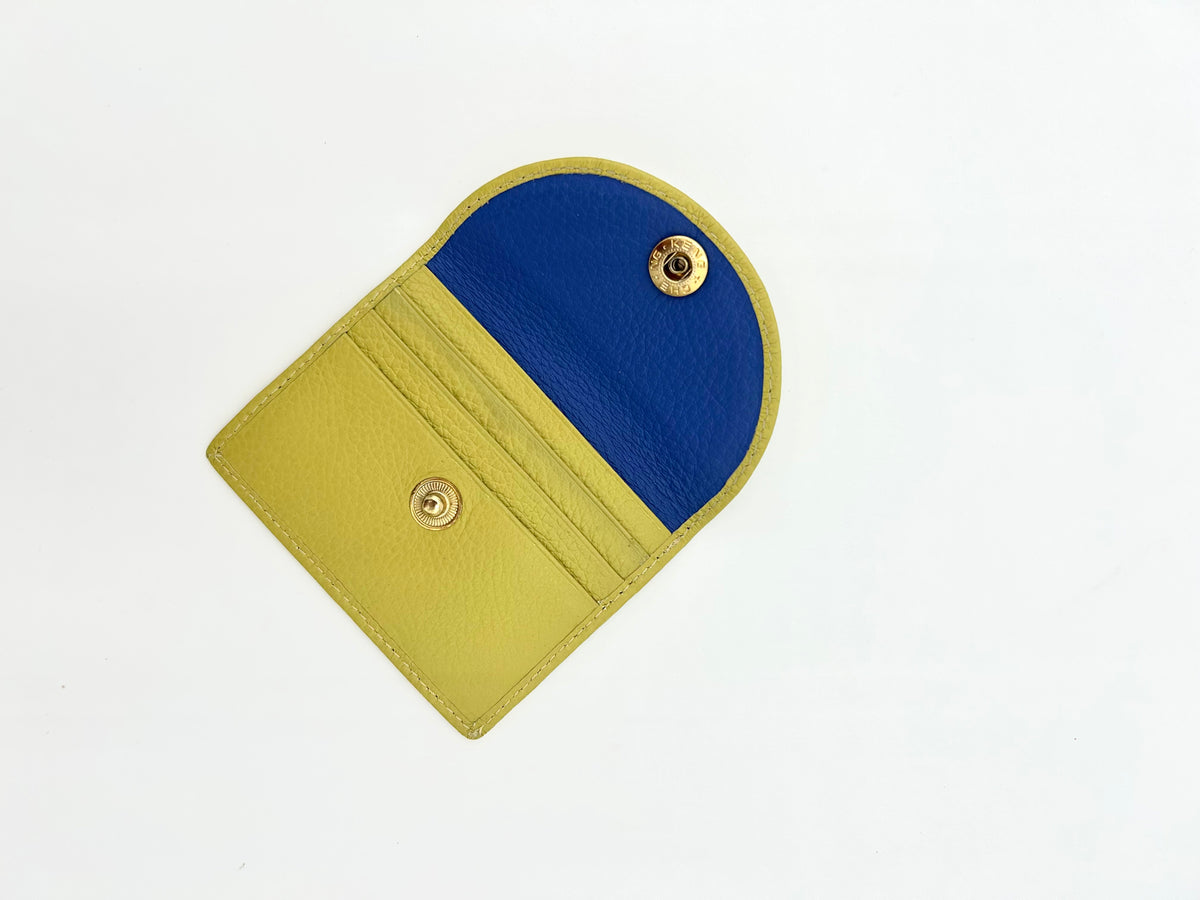 Card Case with Flap in Citrus Yellow with Sapphire Lining