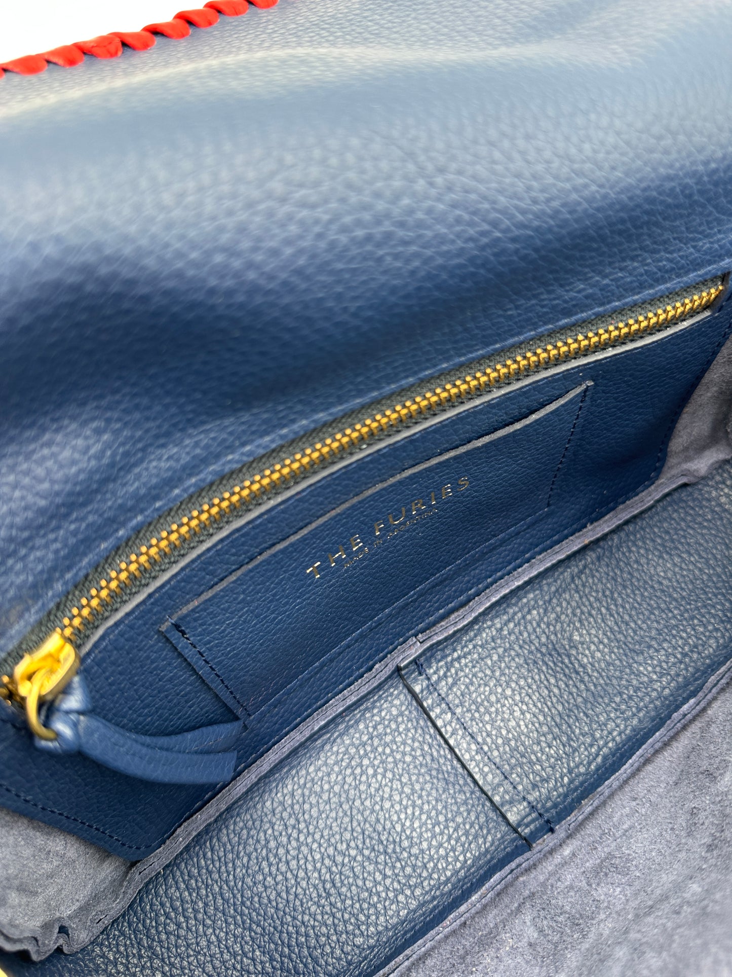 Emmanuelle Flap Bag - Navy with Lipstick Red Lacing
