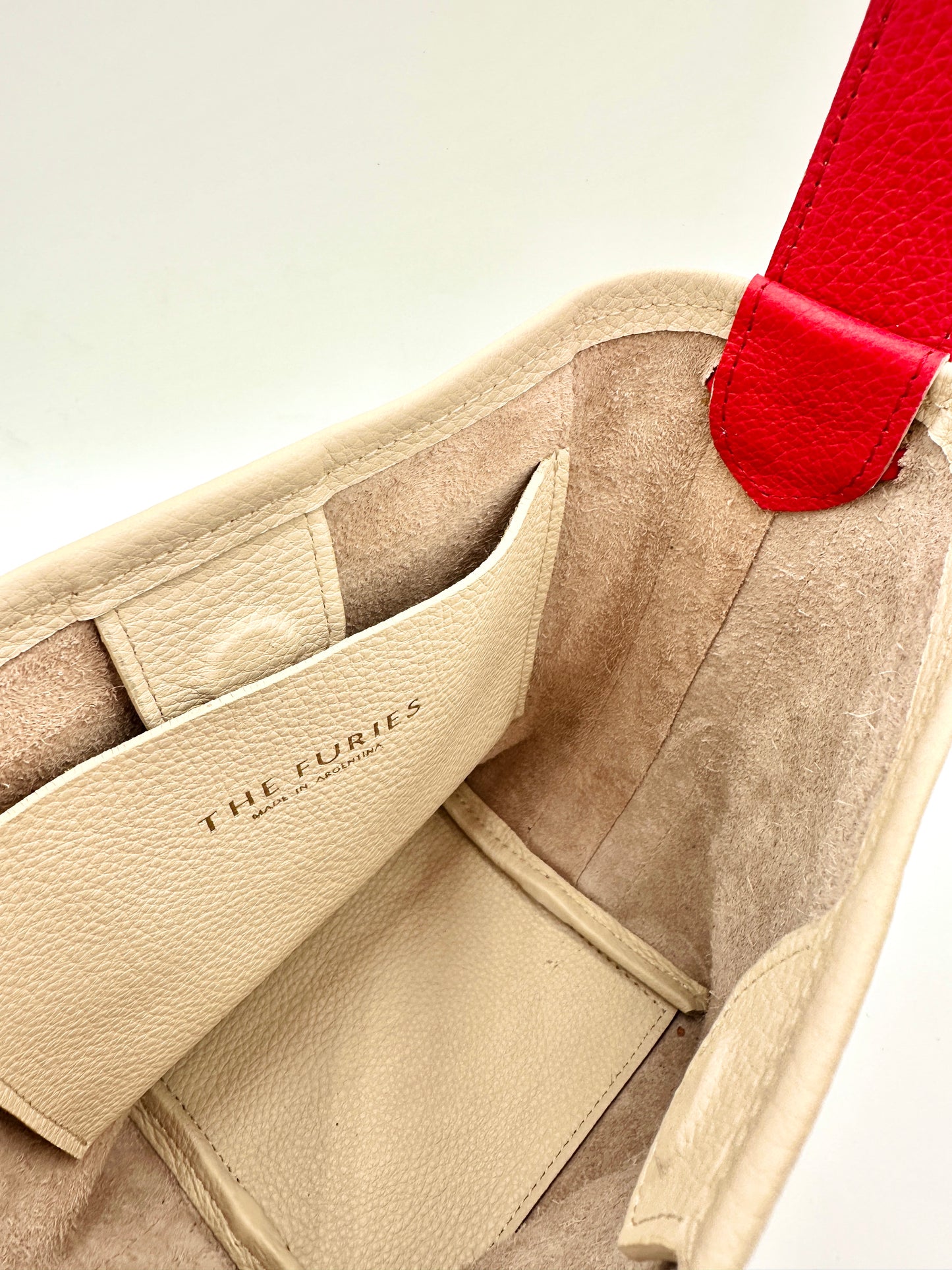 Grace Bucket Bag - Champagne with a Lipstick Red Underhandle