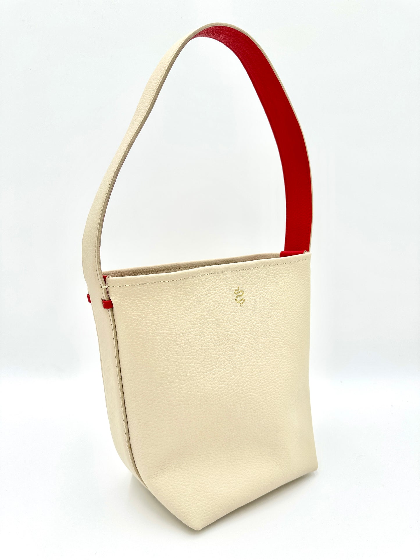Grace Bucket Bag - Champagne with a Lipstick Red Underhandle
