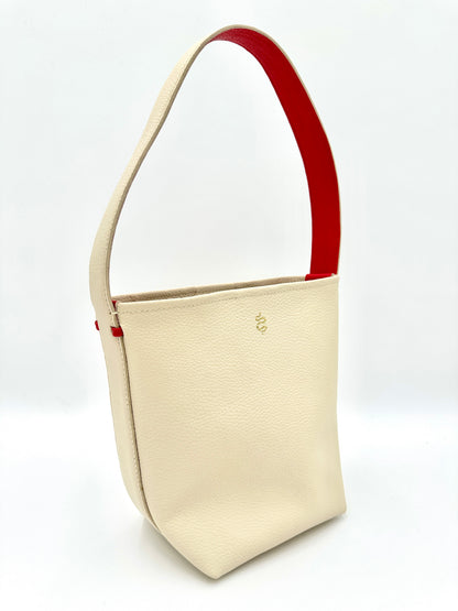 Grace Bucket Bag - Champagne with a Lipstick Red Underhandle
