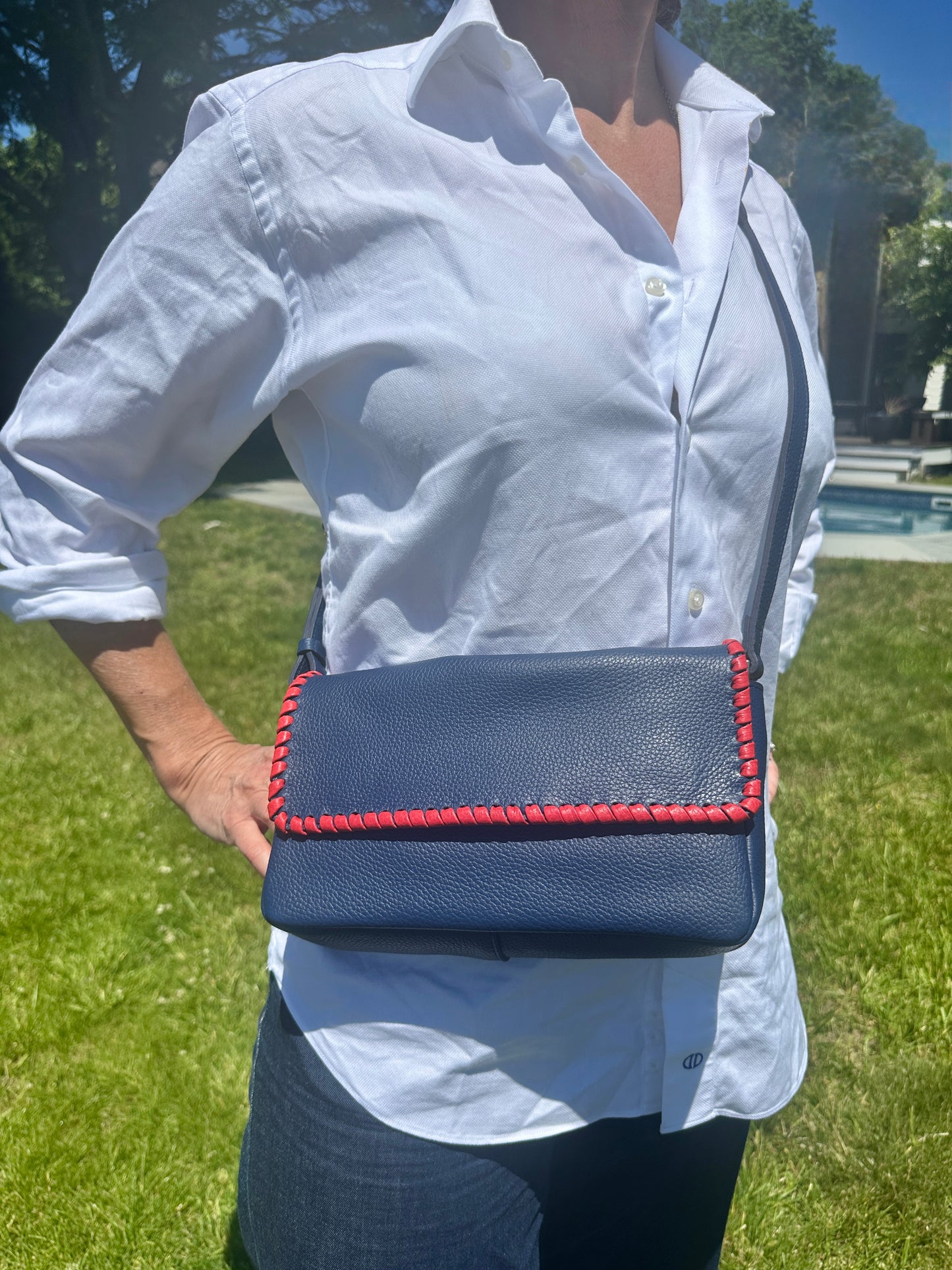 Emmanuelle Flap Bag - Navy with Lipstick Red Lacing