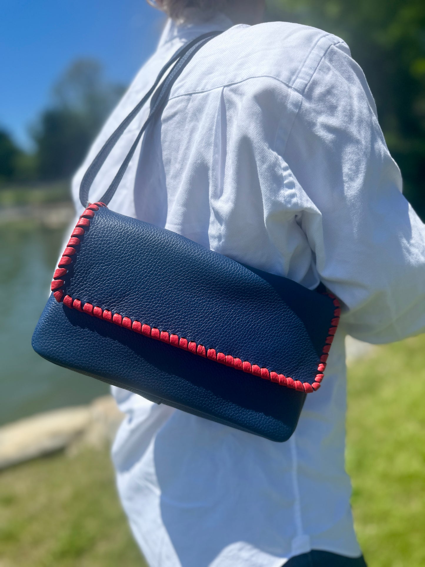 Emmanuelle Flap Bag - Navy with Lipstick Red Lacing