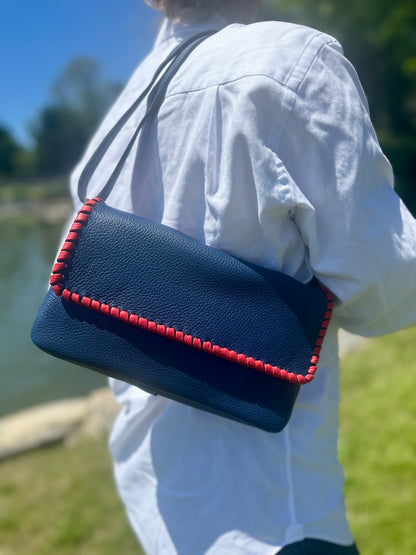 Emmanuelle Flap Bag - Navy with Lipstick Red Lacing
