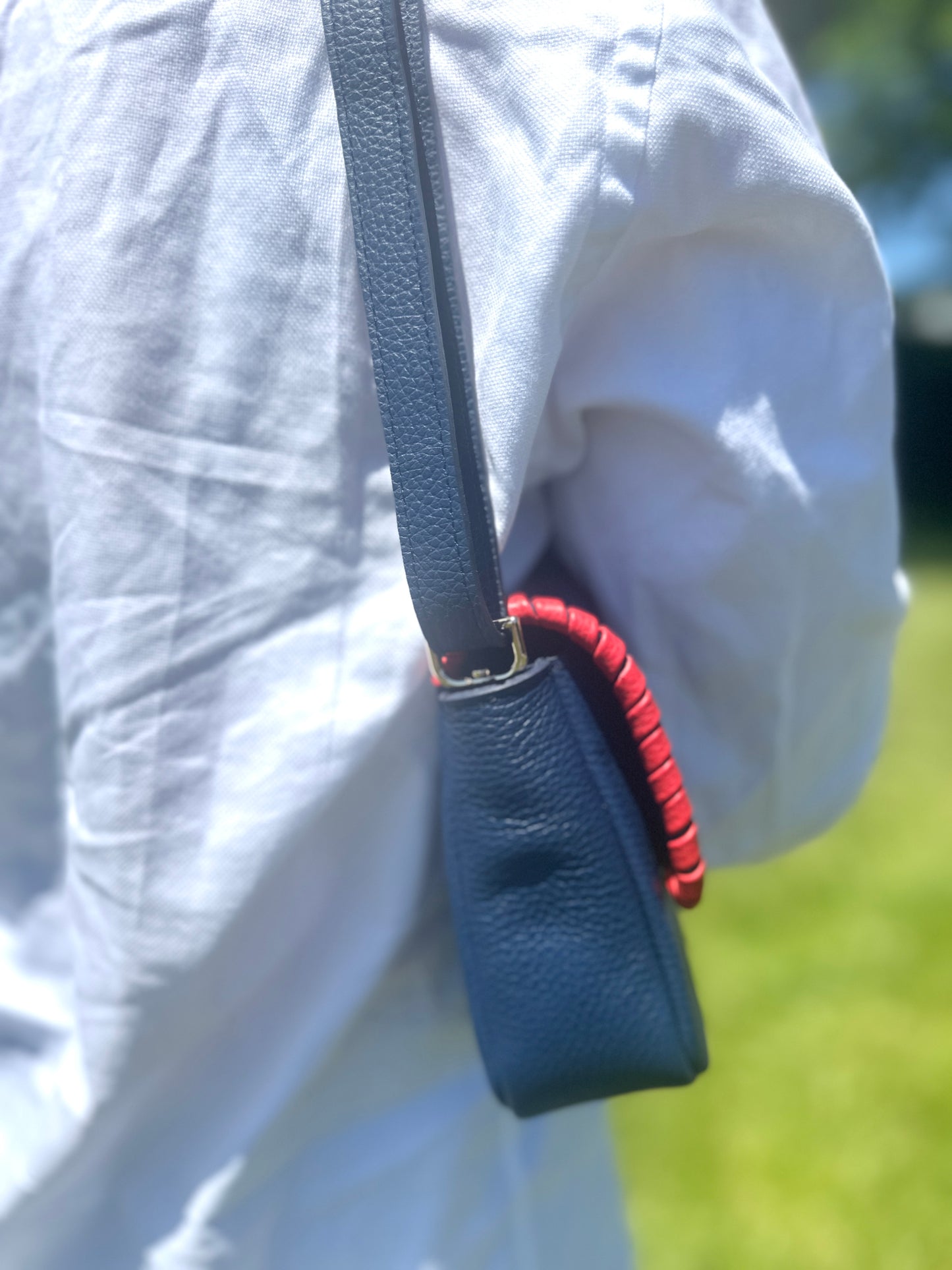 Emmanuelle Flap Bag - Navy with Lipstick Red Lacing