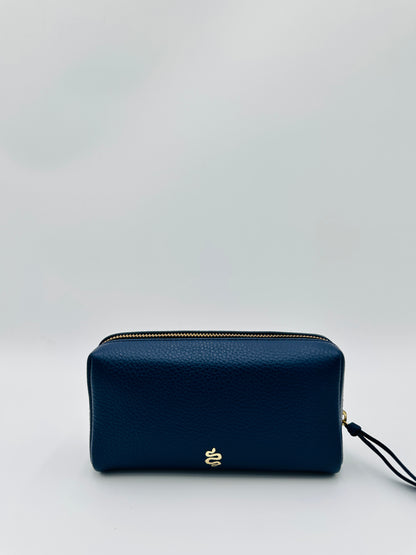 Small Makeup Bag in Navy with a Bright Red Interior