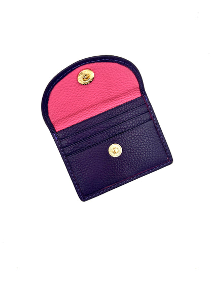 Card Case with Flap in Eggplant with Raspberry Lining
