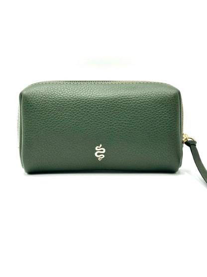 The Small Makeup Bag from The Furies Collective in Holly Green with a Lichen Interior — pebble leather pouch with brass zipper for cosmetics.