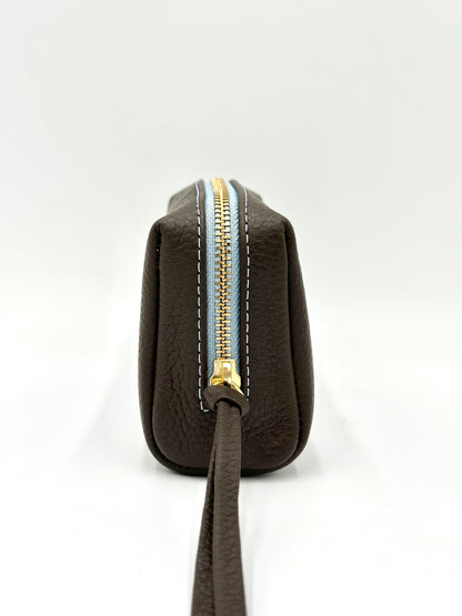 Small Makeup Bag in Espresso with a Sky Blue Interior