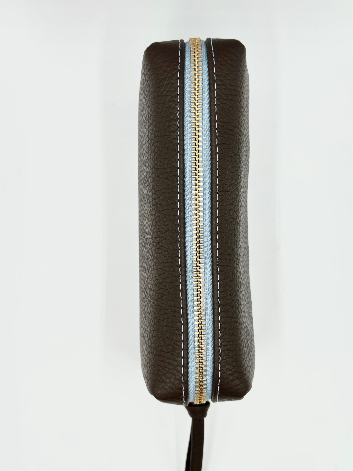 Small Makeup Bag in Espresso with a Sky Blue Interior