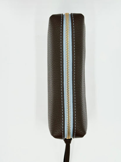 Small Makeup Bag in Espresso with a Sky Blue Interior