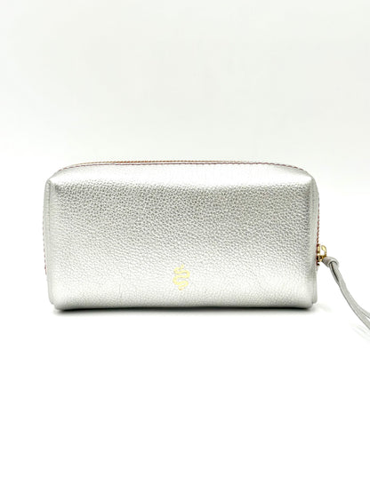 Small Makeup Bag in Silver with a Lipstick Red Interior