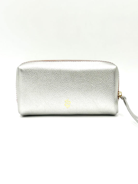 Small Makeup Bag in Silver with a Lipstick Red Interior