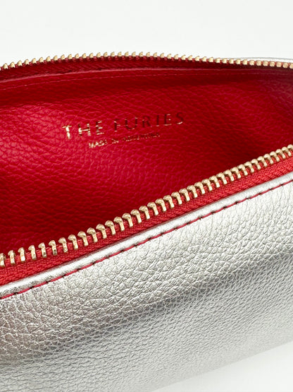 Small Makeup Bag in Silver with a Lipstick Red Interior