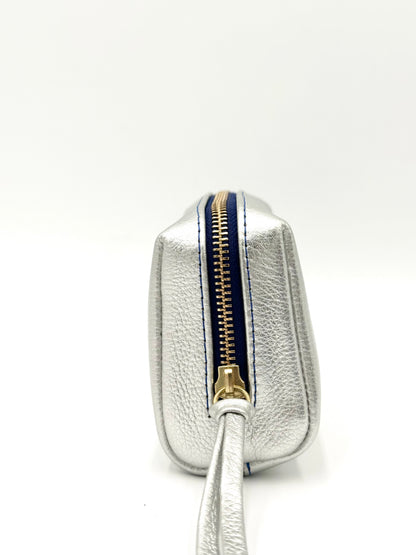 Small Makeup Bag in Silver with a Sapphire Interior