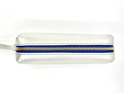 Small Makeup Bag in Silver with a Sapphire Interior