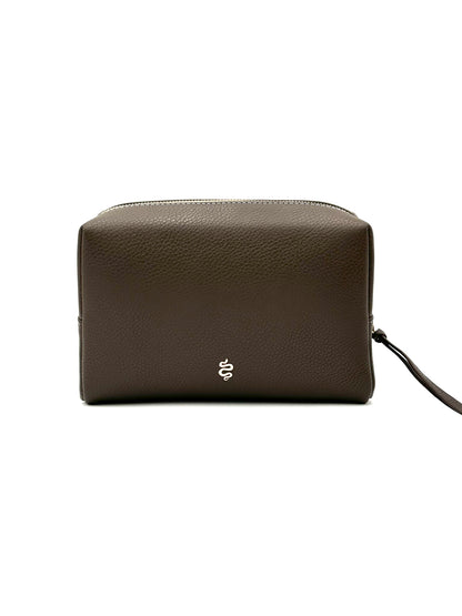 The Large Accessories Bag from The Furies Collective in Espresso with a Sky Blue Interior — pebble leather travel pouch lined in contrast color.