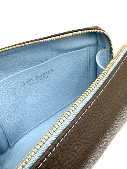 Large Accessories Bag in Espresso with a Sky Blue Interior