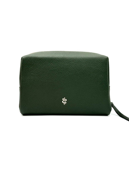 The Large Accessories Bag from The Furies Collective in Holly Green with a Lichen Interior — pebble leather travel pouch lined in contrast color.