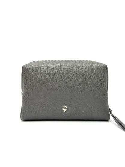 The Large Accessories Bag from The Furies Collective in Anthracite with a Grey Clouds Interior — pebble leather travel pouch lined in contrast color.