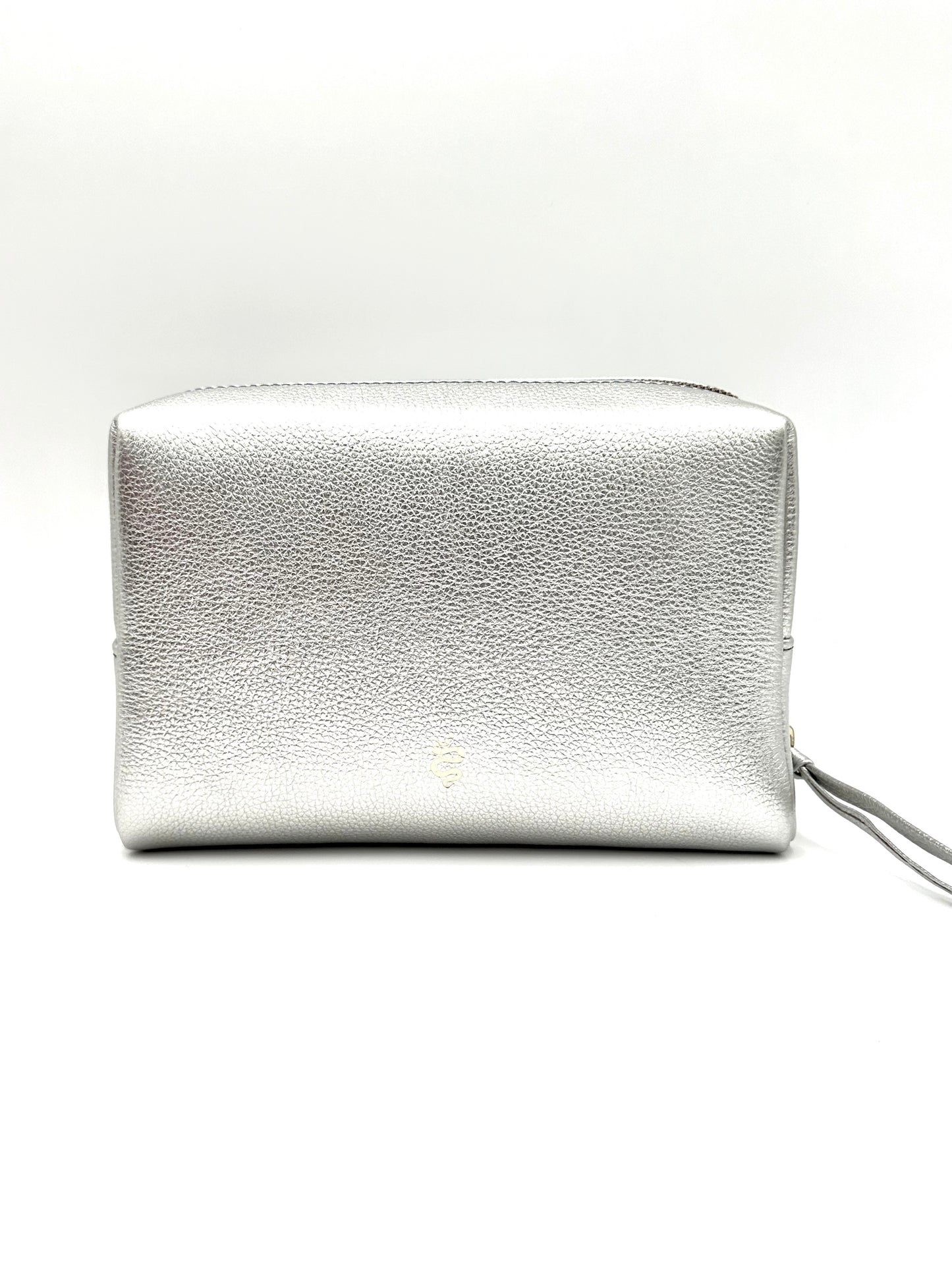 The Large Accessories Bag from The Furies Collective in Silver with a Sapphire Interior — pebble leather travel pouch lined in contrast color.