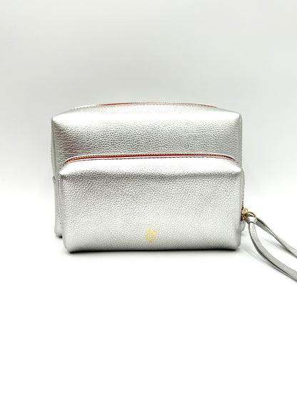 Large Accessories Bag in Silver with a Lipstick Red Interior