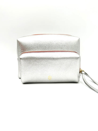 Small Makeup Bag in Silver with a Lipstick Red Interior