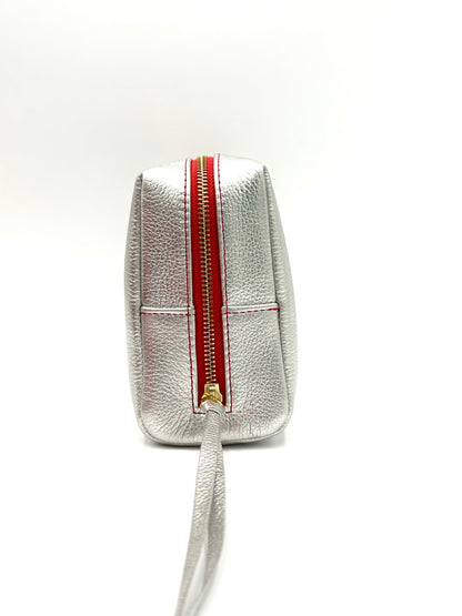 Small Makeup Bag in Silver with a Lipstick Red Interior