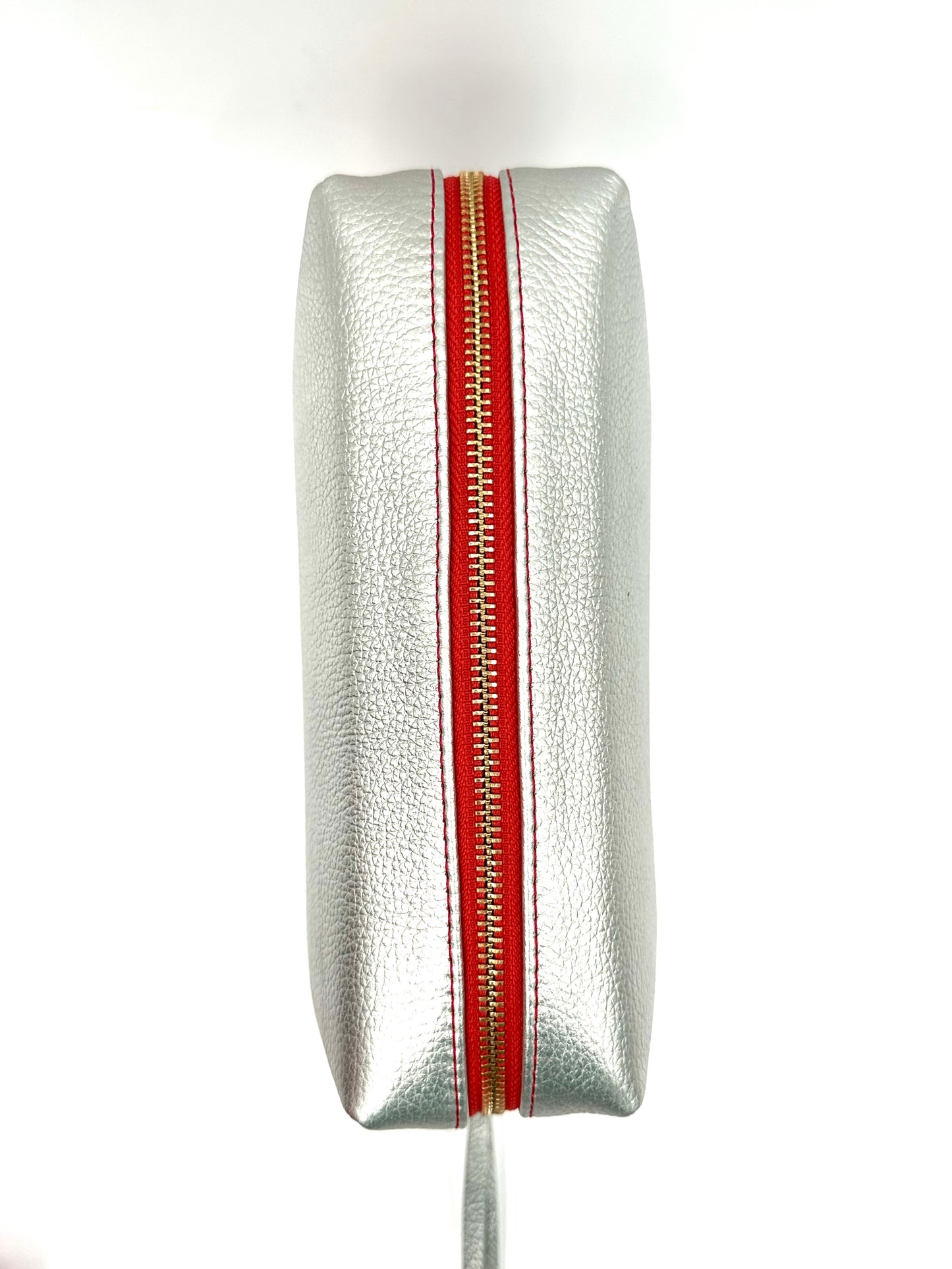Large Accessories Bag in Silver with a Lipstick Red Interior