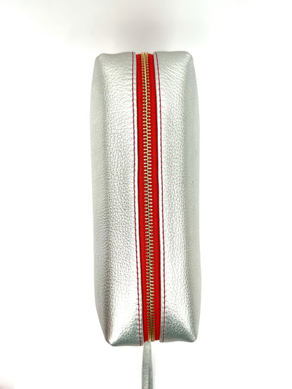 Small Makeup Bag in Silver with a Lipstick Red Interior