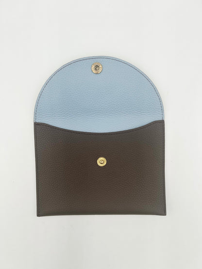 Large Leather Envelope in Chocolate Leather with a Sky Blue Interior