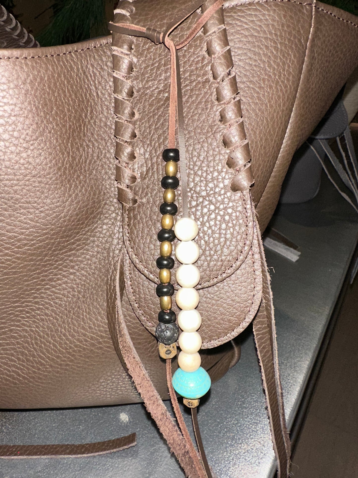 Bag charm - White Jasper and Turquoise with Brass and Rutilated Quartz