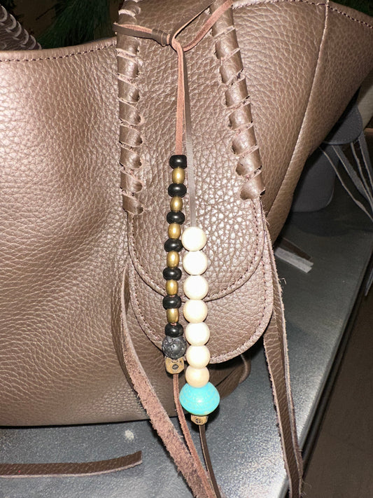 Bag charm - White Jasper and Turquoise with Brass and Rutilated Quartz