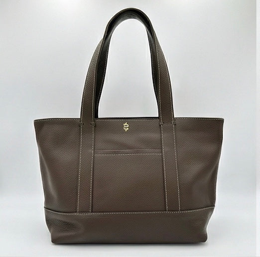 The Large Carolyn tote handbag from The Furies Collective in Espresso — saturated pebble leather with thick handles and zipper top closure.