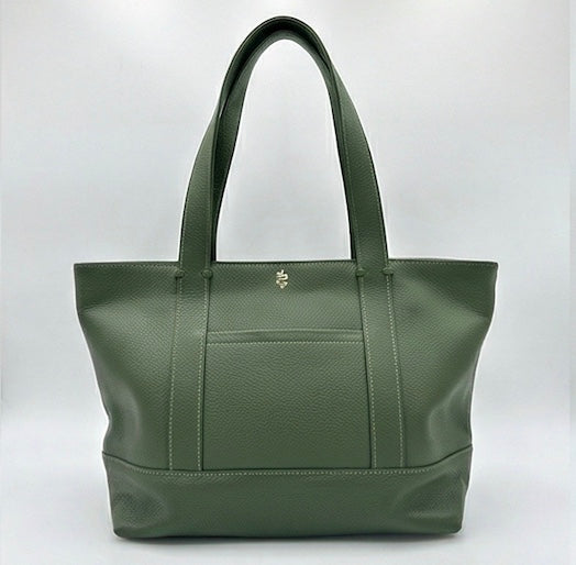 The Large Carolyn tote handbag from The Furies Collective in Holly Green — saturated pebble leather with thick handles and zipper top closure.