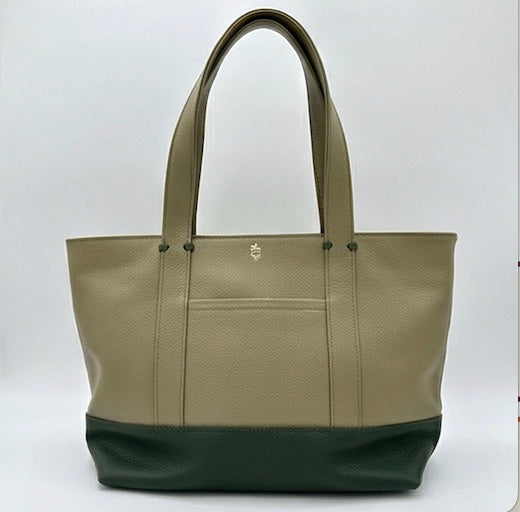 The Large Carolyn tote handbag from The Furies Collective in Lichen with Holly Green Base — saturated pebble leather with thick handles and zipper top closure.