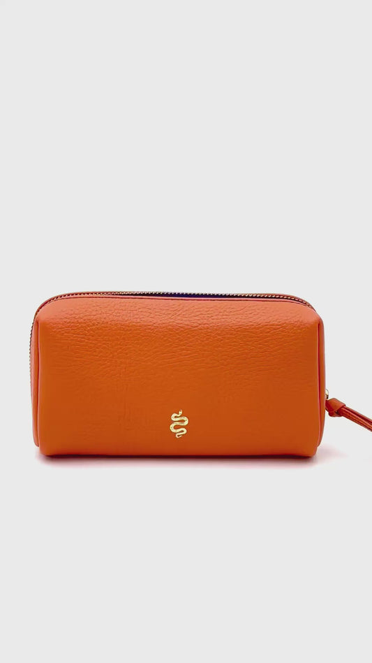 Small Makeup Bag in Bright Orange with a Sapphire Interior